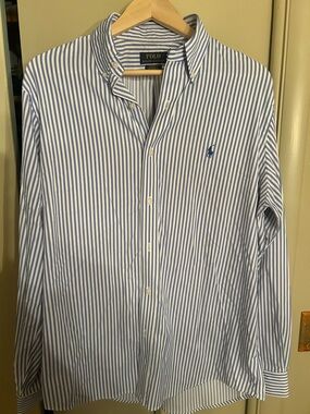 Ralph Lauren Blue and White Vertical Stripe Button-Down Shirt 23”W X 31”L